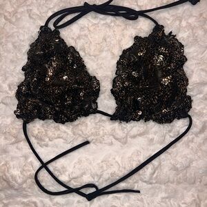 Sequin Black Halter Bikini Top